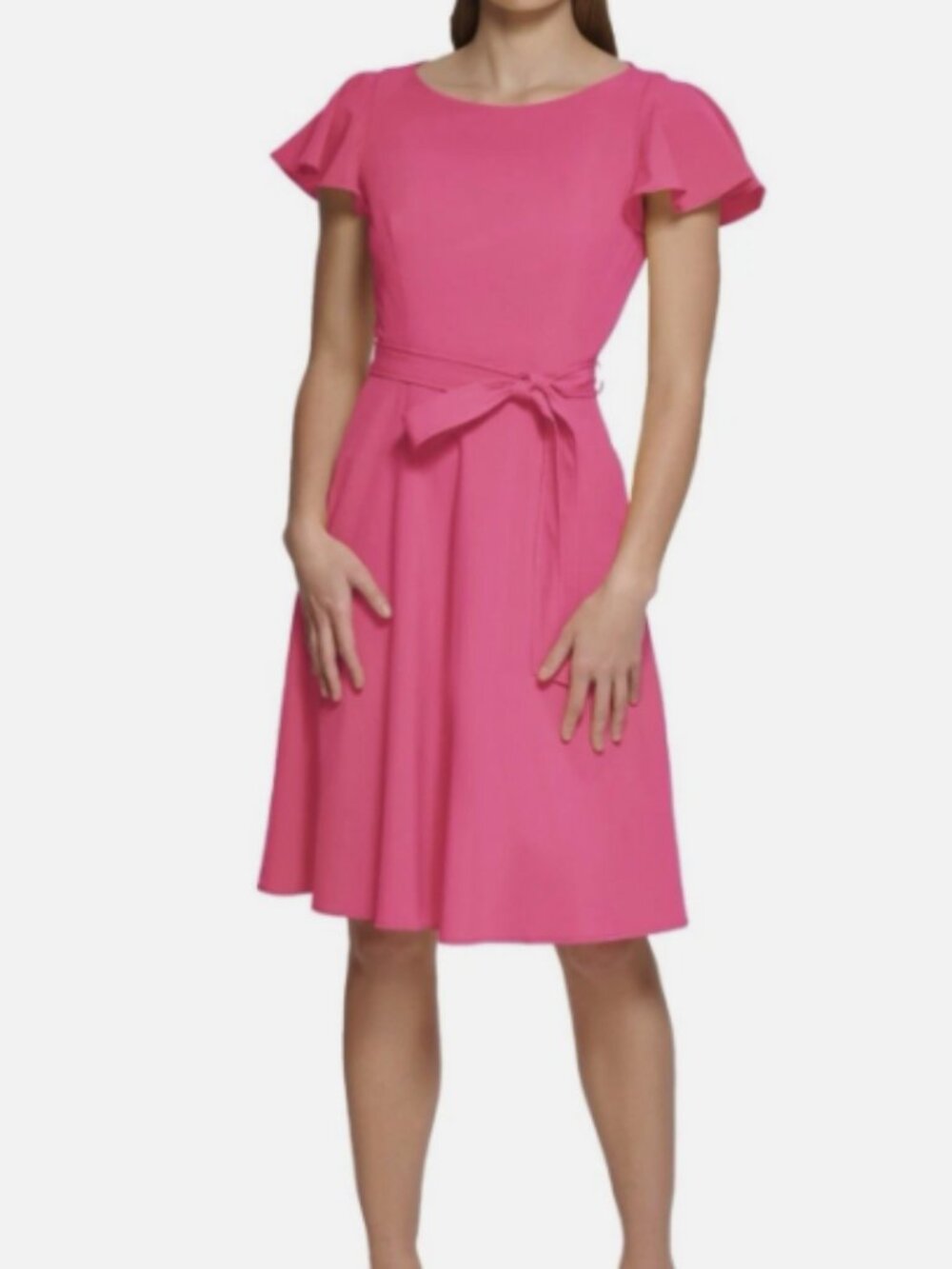 Calvin Klein Flutter Sleeve Fit & Flare Dress Womens 2 Pink Tie Waist Summer NWT